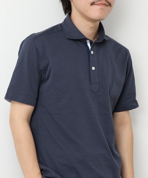 NOLLEY’S(ノーリーズ)の「《ビジカジ対応》サッカーニットテープポロ ビズポロ 25SS(ポロシャツ・メンズ・ネイビー/ブルー系その他/ホワイト/サックスブルー/ピンク系その他/グレー系その他・S/M/L/XL)」の4枚目の写真