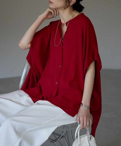 each（イーチ）の「フレンチスリーブとろみブラウス（シャツ/ブラウス・レディース・ホワイト/グリーン/レッド/ネイビー/ブルー・FREE）」の5枚目の写真