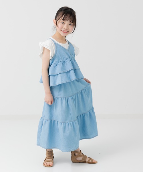 chil2(チルツー)の「ダンガリーティアードロングスカート(デニムスカート・キッズ・サックスブルー/ブルー・110cm/120cm/130cm/140cm/150cm)」の8枚目の写真