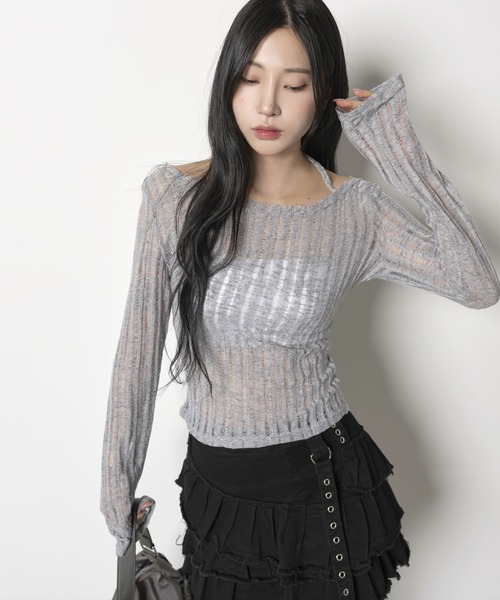 FOLLOWIN(フォロウィン)の「アベニューシースルーダメージビンテージニット(ニット/セーター・レディース・アイボリー/ブラック/カーキ/グレー・FREE)」の7枚目の写真