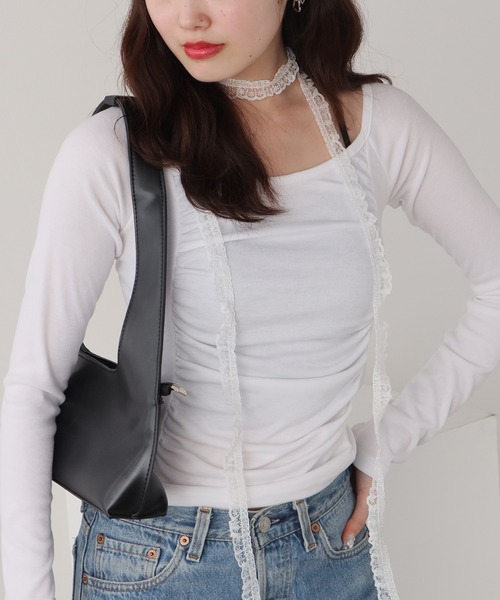 ROOPTOKYO(ループトウキョウ)の「レース付き クロップド丈ロングスリーブTシャツ(Tシャツ/カットソー・レディース・アイボリー/ブラック/ピンク・FREE)」の1枚目の写真