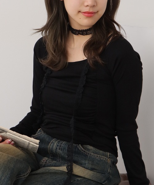 ROOPTOKYO(ループトウキョウ)の「レース付き クロップド丈ロングスリーブTシャツ(Tシャツ/カットソー・レディース・アイボリー/ブラック/ピンク・FREE)」の2枚目の写真