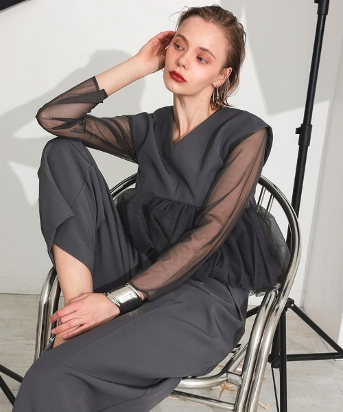 セール】【ANDRESD】peplum tulle set up pants dress［ペプラム