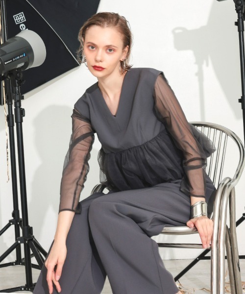 セール】【ANDRESD】peplum tulle set up pants dress［ペプラム
