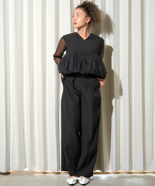 セール】【ANDRESD】peplum tulle set up pants dress［ペプラム