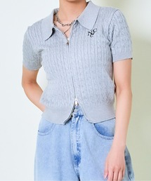 《ダブルジップ×ロゴ刺繍》ストリートニットトップ／WZIPカーデ