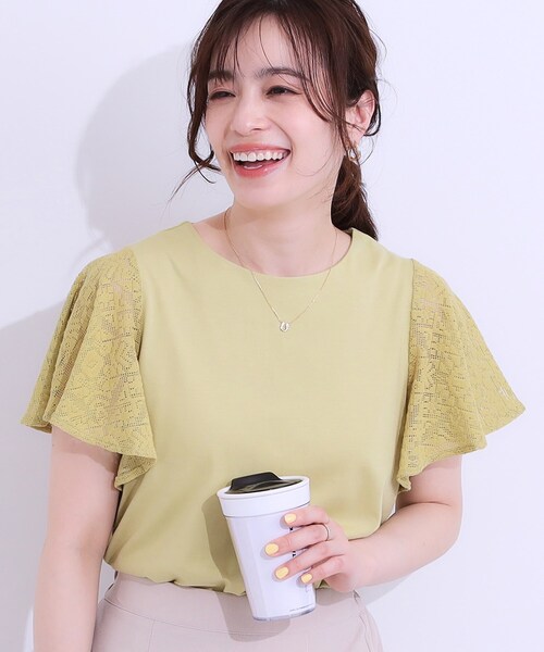 DRESKIP(ドレスキップ)の「【S-LL】大人の上品コーデに お袖レース切り替えトップス(Tシャツ/カットソー・レディース・オフホワイト/ブラック/スモーキーグリーン系・01/02/03/04)」の1枚目の写真