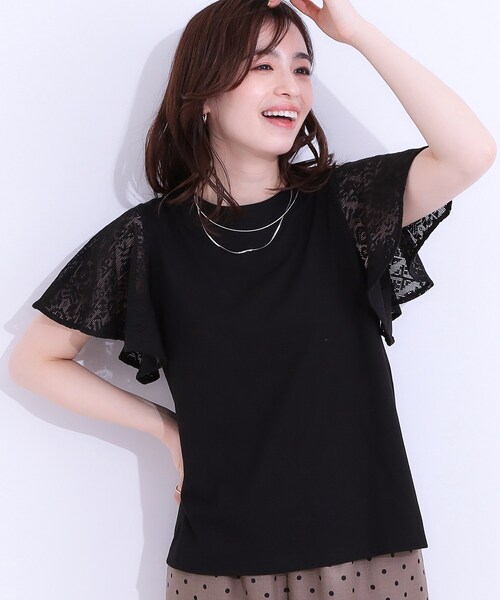 DRESKIP(ドレスキップ)の「【S-LL】大人の上品コーデに お袖レース切り替えトップス(Tシャツ/カットソー・レディース・オフホワイト/ブラック/スモーキーグリーン系・01/02/03/04)」の3枚目の写真