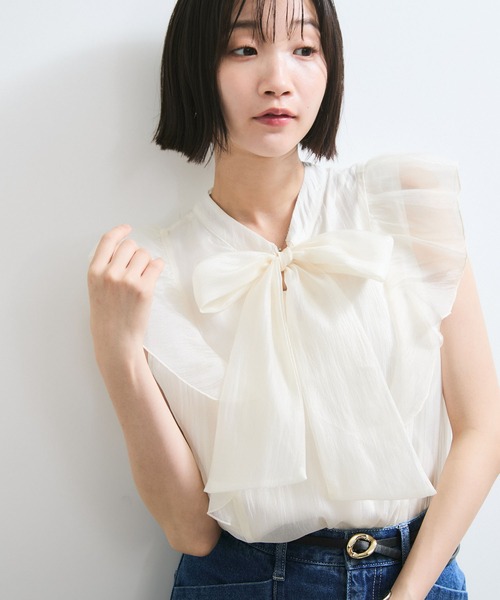 ブラウス シャツ 「店頭人気」主役級！華やぎシアーシャイニーボウタイフリルブラウス「前後2WAY」「洗える」 レディース 店頭人気】主役級！華やぎシアーシャイニーボウタイフリル