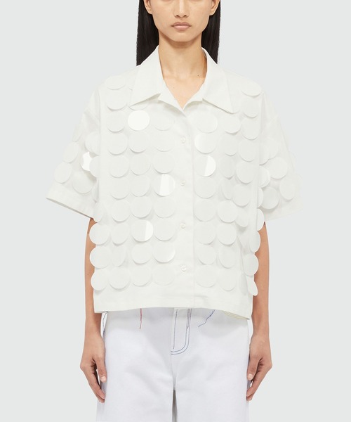 MSGM - エムエスジーエム MSGM ブラウス 半袖 インナーレース 40 白 ホワイト セール】MAXIスパンコール デコラティブシャツ（シャツ/ブラウス