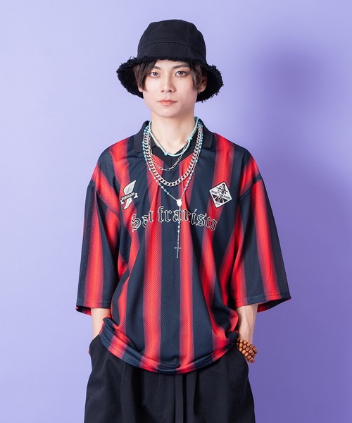 a.p.o.v.(エーピーオービー)の「a.p.o.v. ストライプオーバーサイズメッシュ襟付きサッカーシャツ(Tシャツ/カットソー・メンズ・ブルー/ブラック/レッド・ONESIZE)」の3枚目の写真