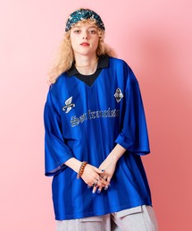 a.p.o.v. ストライプオーバーサイズメッシュ襟付きサッカーシャツ
