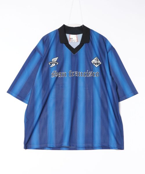 a.p.o.v.(エーピーオービー)の「a.p.o.v. ストライプオーバーサイズメッシュ襟付きサッカーシャツ(Tシャツ/カットソー・メンズ・ブルー/ブラック/レッド・ONESIZE)」の7枚目の写真