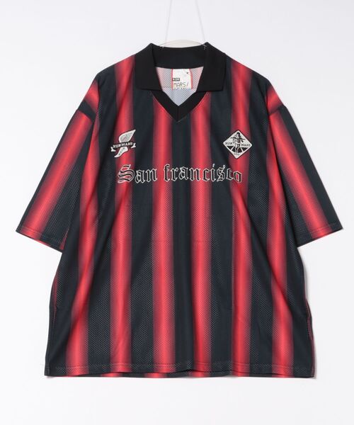 a.p.o.v.(エーピーオービー)の「a.p.o.v. ストライプオーバーサイズメッシュ襟付きサッカーシャツ(Tシャツ/カットソー・メンズ・ブルー/ブラック/レッド・ONESIZE)」の10枚目の写真