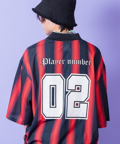 a.p.o.v.(エーピーオービー)の「a.p.o.v. ストライプオーバーサイズメッシュ襟付きサッカーシャツ(Tシャツ/カットソー・メンズ・ブルー/ブラック/レッド・ONESIZE)」の8枚目の写真