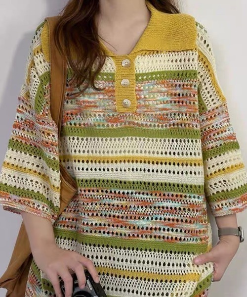 Achic(アシック)の「★ 2color ニット 透かし彫り(ニット/セーター・レディース・イエロー/ブルー・M)」の6枚目の写真