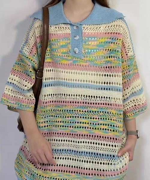 Achic(アシック)の「★ 2color ニット 透かし彫り(ニット/セーター・レディース・イエロー/ブルー・M)」の7枚目の写真