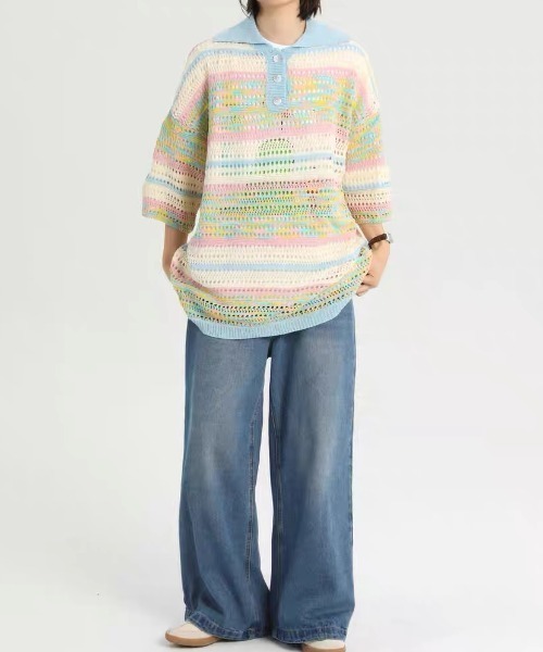 Achic(アシック)の「★ 2color ニット 透かし彫り(ニット/セーター・レディース・イエロー/ブルー・M)」の16枚目の写真