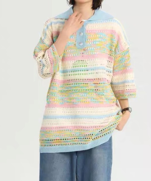 Achic(アシック)の「★ 2color ニット 透かし彫り(ニット/セーター・レディース・イエロー/ブルー・M)」の3枚目の写真