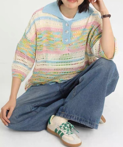 Achic(アシック)の「★ 2color ニット 透かし彫り(ニット/セーター・レディース・イエロー/ブルー・M)」の4枚目の写真