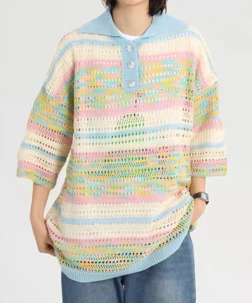 Achic(アシック)の「★ 2color ニット 透かし彫り(ニット/セーター・レディース・イエロー/ブルー・M)」の5枚目の写真