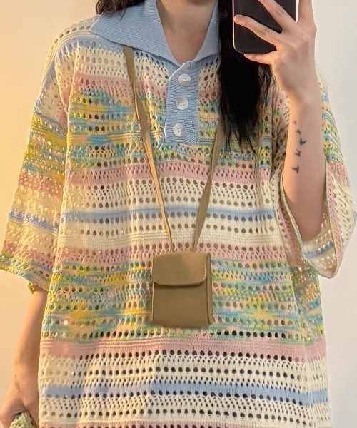 Achic(アシック)の「★ 2color ニット 透かし彫り(ニット/セーター・レディース・イエロー/ブルー・M)」の17枚目の写真