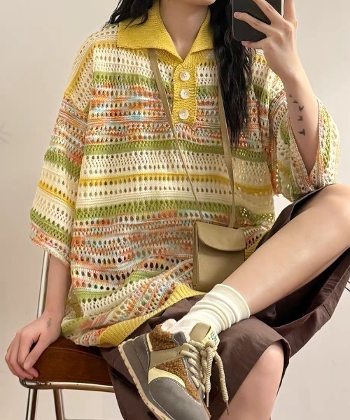 Achic(アシック)の「★ 2color ニット 透かし彫り(ニット/セーター・レディース・イエロー/ブルー・M)」の18枚目の写真