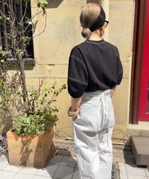 バルーンスリーブステッチTシャツ (comochi select) / パフスリーブ カットソー ブラウス クルーネック ラウンドネック ミドル丈 半袖 5分袖 オフィスカジュアル ホワイト ブラック 白 黒