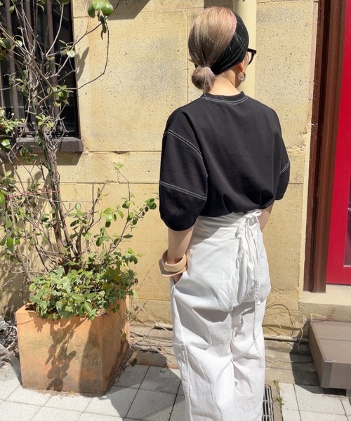 ブラウス シャツ バルーンスリーブステッチTシャツ (comochi select) / パフスリーブ カットソー ブラウス クルーネック ラウンドネ セール】バルーンスリーブステッチTシャツ (comochi select