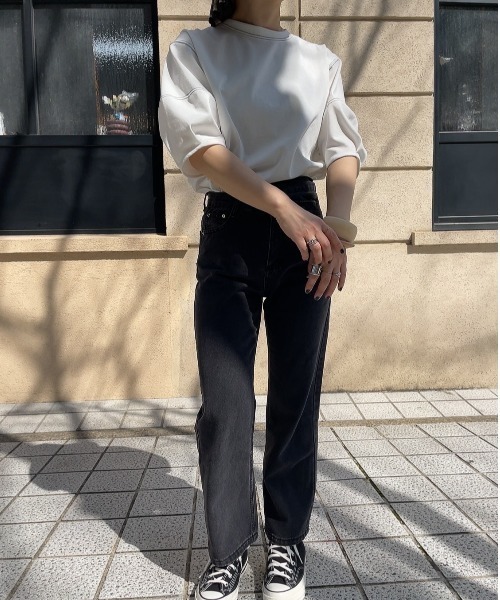 ブラウス シャツ バルーンスリーブステッチTシャツ (comochi select) / パフスリーブ カットソー ブラウス クルーネック ラウンドネ I-SOOK ブラウス シャツ バルーンスリーブステッチTシャツ
