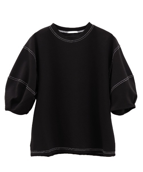 ISOOK(アイスー)の「バルーンスリーブステッチTシャツ (comochi select) / パフスリーブ カットソー ブラウス クルーネック ラウンドネック ミドル丈 半袖 5分袖 オフィスカジュアル ホワイト ブラック 白 黒(シャツ/ブラウス・レディース・ブラック/ホワイト・FREE)」の16枚目の写真