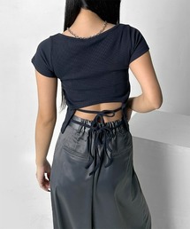 【LVEU.】バックリボントップス / トップス カットソー Tシャツ 半袖 リボン バックリボン フレンチスリーブ クロップド ショート コンパクト ブラック ベージュ ホワイト ネイビー
