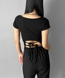 【LVEU.】バックリボントップス / トップス カットソー Tシャツ 半袖 リボン バックリボン フレンチスリーブ クロップド ショート コンパクト ブラック ベージュ ホワイト ネイビー
