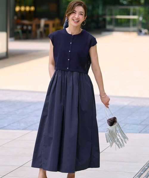 23区　ニジュウサンク 洗える Aラインワンピース ネイビー 40 セール】 【洗える】ストレッチポンチ Aライン ワンピース （ロング