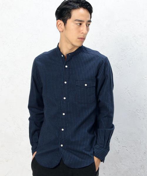 green label relaxing(グリーンレーベルリラクシング)の「BRUSH/OX/STバンドカラー H/P シャツ◆(シャツ/ブラウス・メンズ・ネイビー/ホワイト・LARGE/X-LARGE/SMALL/MEDIUM)」の1枚目の写真