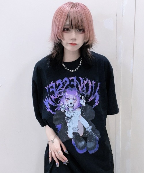 NOVESSEL(ノベセル)の「『NOVESSEL/ノベセル』イラストプリントTシャツ/ハーフスリーブカットソー(Tシャツ/カットソー・レディース・ブラック/ホワイト・FREE)」の1枚目の写真