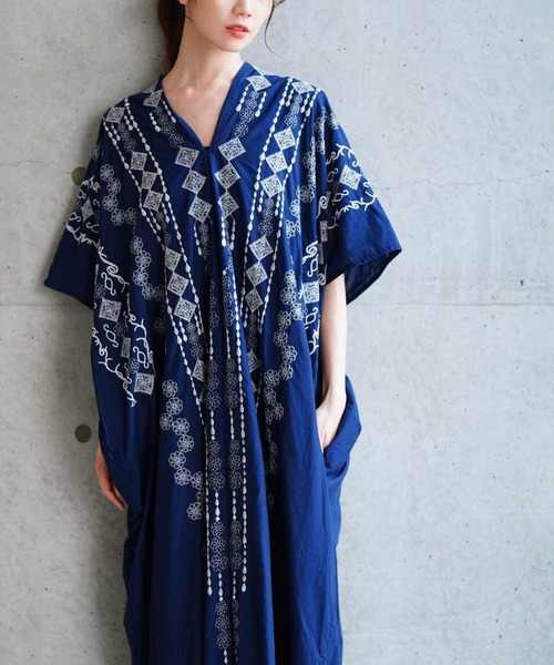 刺繍デザインインド綿カフタンワンピース（ワンピース）｜Sawa a
