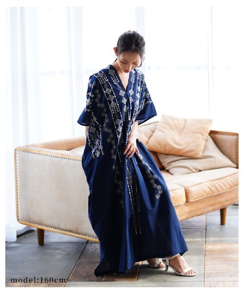 刺繍デザインインド綿カフタンワンピース（ワンピース）｜Sawa a