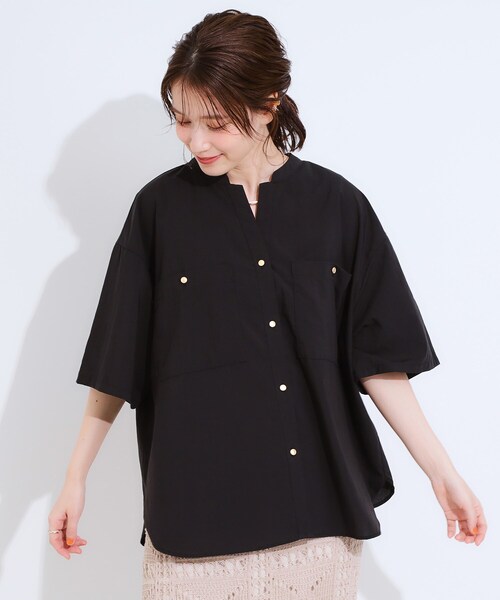 DRESKIP（ドレスキップ）の「【S-LL】大人の抜け感 ビックポケット Vネックシャツ（シャツ/ブラウス・レディース・ブラック/カーキ/ライトベージュ/ダークブラウン・01/04/03/02）」の5枚目の写真