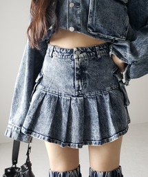 【 セットアップ着用可能 】ヴィンテージケミカルブリーチプリーツデニムミニスカート / vintage bleached pleated denim mini skirt