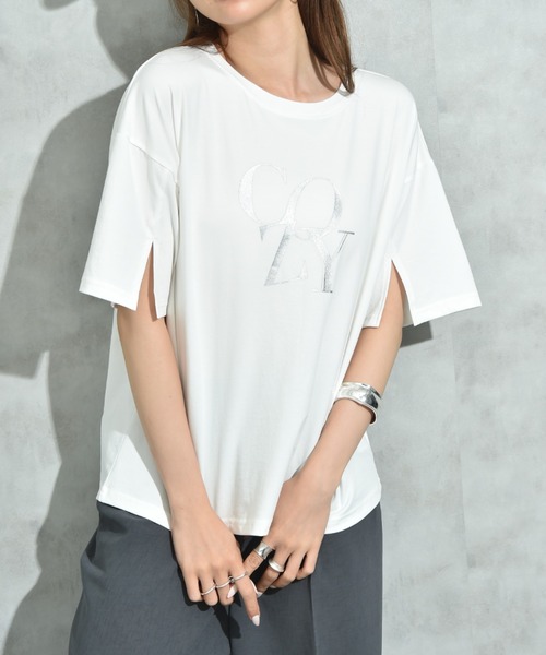 INTERPLANET（インタープラネット）の「【接触冷感】スリットスリーブロゴＴ（Tシャツ/カットソー・レディース・キャメル/ブラック/オフホワイト・FREE）」の15枚目の写真