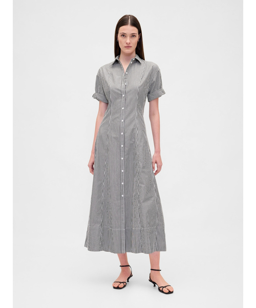 GAP(ギャップ)の「ポプリン 袖ロールアップ ミディシャツワンピース(ワンピース・レディース・ホワイト/ブラック×ホワイト/ブラック・XS/S/M/L/XXS)」の1枚目の写真