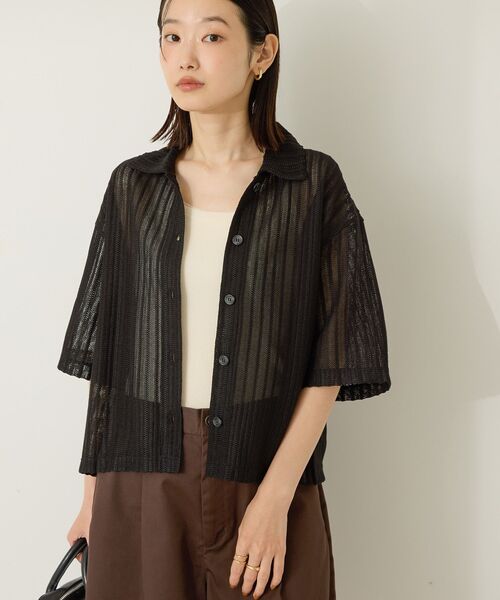 AMERICAN HOLIC(アメリカンホリック)の「メッシュ半袖ブラウス(カーディガン/ボレロ・レディース・ブラック/オフホワイト/ストライプ・L/M)」の3枚目の写真