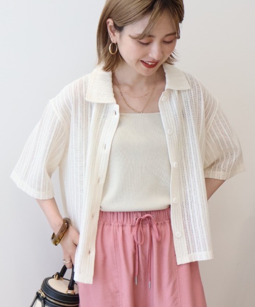 AMERICAN HOLIC(アメリカンホリック)の「メッシュ半袖ブラウス(カーディガン/ボレロ・レディース・ブラック/オフホワイト/ストライプ・L/M)」の1枚目の写真