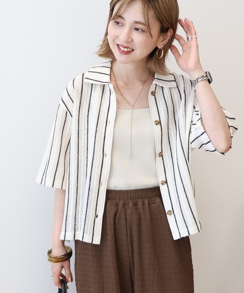 AMERICAN HOLIC(アメリカンホリック)の「メッシュ半袖ブラウス(カーディガン/ボレロ・レディース・ブラック/オフホワイト/ストライプ・L/M)」の2枚目の写真