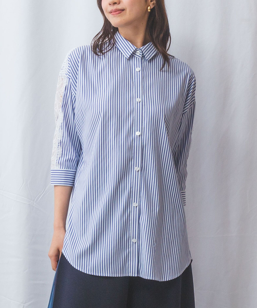 NARACAMICIE（ナラカミーチェ）の「【NARACAMICIE】ストレッチストライプ肩レース七分袖シャツ（シャツ/ブラウス・レディース・ブルー/ピンク・M）」の15枚目の写真