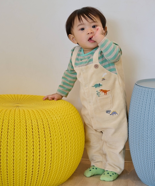kladskap（クレードスコープ）の「恐竜ボーダーレイヤード風カバーオール（ロンパース・キッズ・アイボリー/レンガ・80ｃｍ/70cm）」の2枚目の写真
