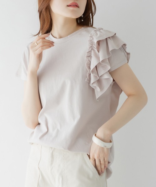 RCD(アールシーディー)の「片袖フリル デザインカットソー(Tシャツ/カットソー・レディース・ホワイト/ピンクベージュ/ブラック・LL~3L)」の3枚目の写真