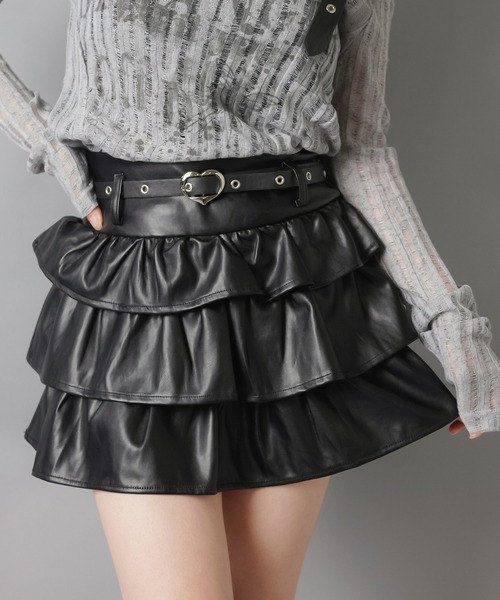 セール】盛れシルエット確定☆ベルト付きティアードレザーミニスカート