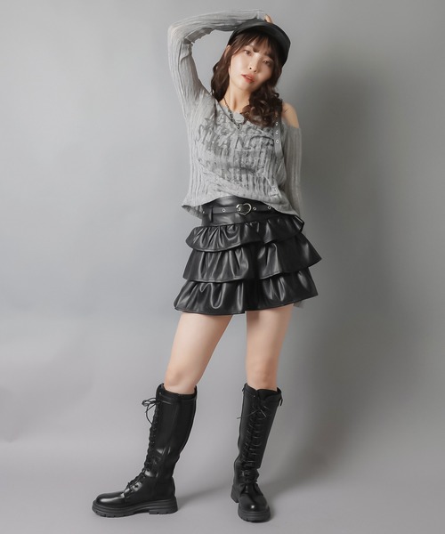 SPINNS（スピンズ）の「盛れシルエット確定★ベルト付きティアードレザーミニスカート（スカート・レディース・ブラウン/ブラック・M/S）」の10枚目の写真